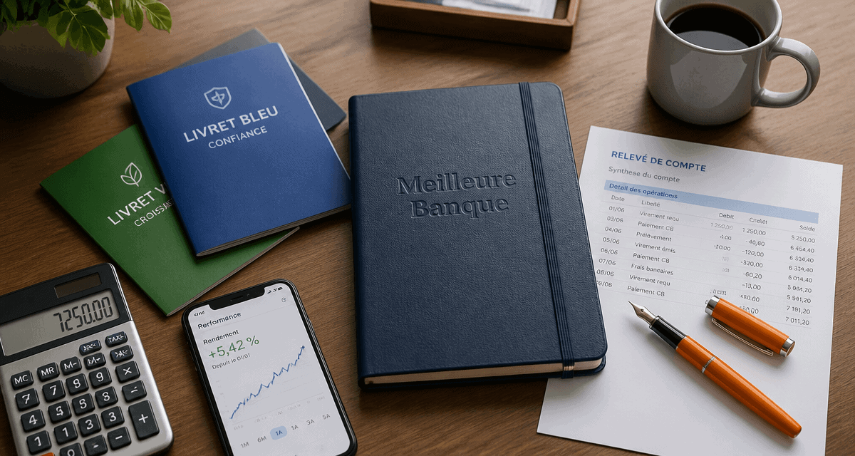 meilleur banque pour placer son argent, bureau avec livrets et smartphone