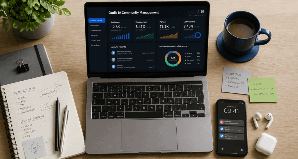 Outils IA Community Management sur bureau moderne