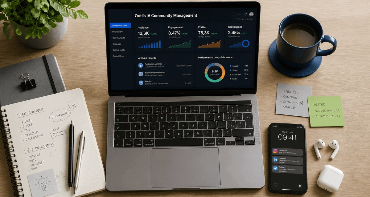Outils IA Community Management sur bureau moderne