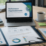 Bureau avec dossiers et KPIs sur la performance organisationnelle