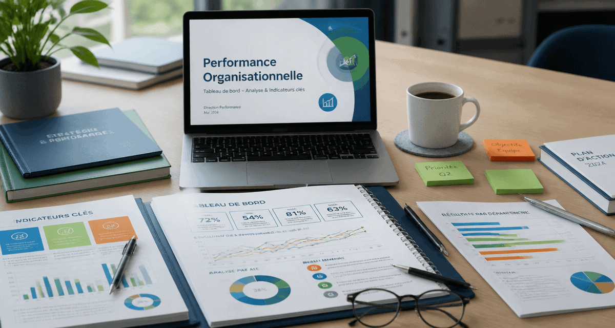 Bureau avec dossiers et KPIs sur la performance organisationnelle