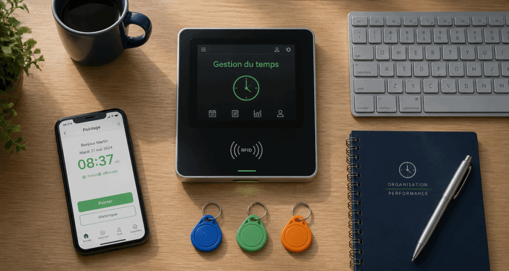 pointeuse badgeuse RFID et smartphone sur bureau