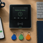 pointeuse badgeuse RFID et smartphone sur bureau
