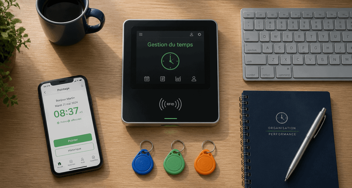 pointeuse badgeuse RFID et smartphone sur bureau