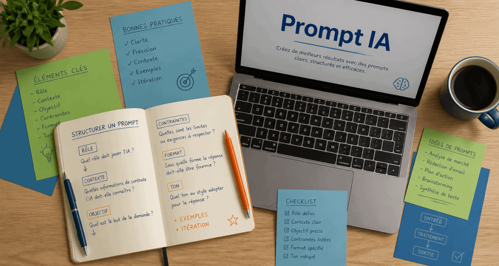 Prompt IA définition sur bureau moderne, carnet et laptop