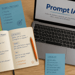 Prompt IA définition sur bureau moderne, carnet et laptop
