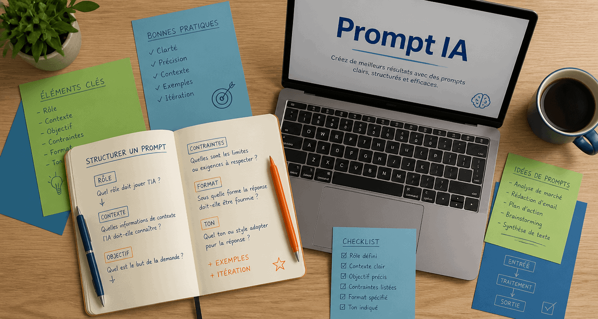 Prompt IA définition sur bureau moderne, carnet et laptop