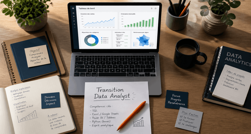 Reconversion data analyst, bureau avec laptop et graphiques