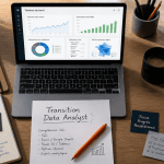 Reconversion data analyst, bureau avec laptop et graphiques