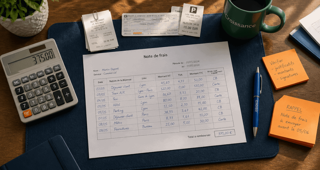 tableau note de frais sur bureau professionnel