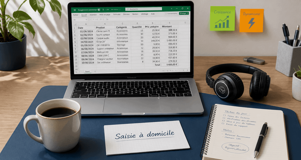 Télétravail à domicile saisie informatique ordinateur carnet café