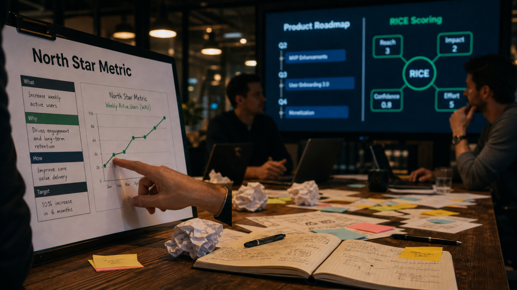 Conseil product management : roadmap et ROI en salle de réunion tech