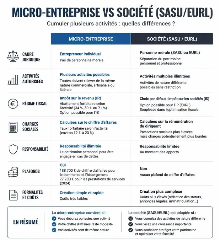 Infographie comparative entre micro-entreprise et société pour le cumul d'activités