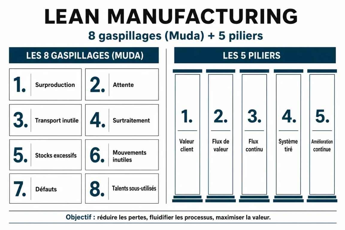 Infographie des 8 gaspillages et 5 piliers du management lean manufacturing