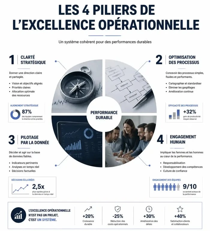 Infographie des 4 piliers de l'excellence opérationnelle pour une performance durable