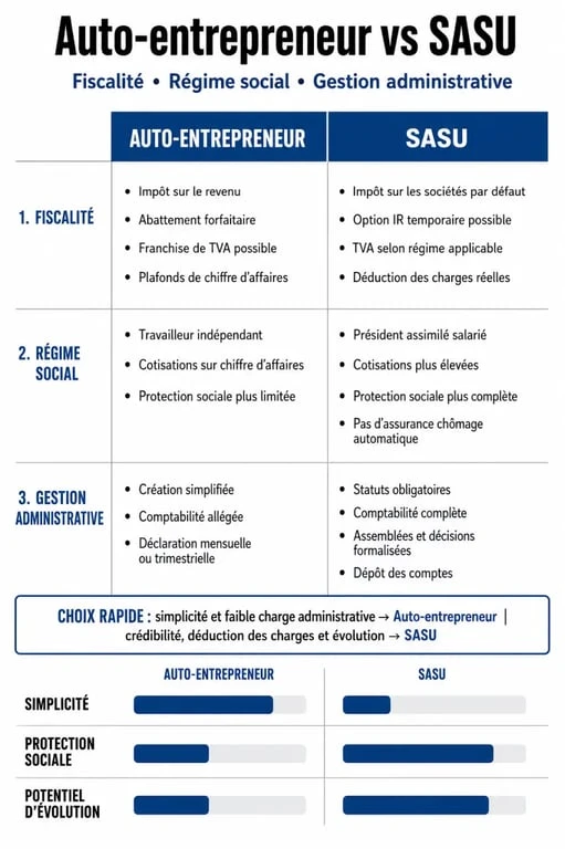 Tableau comparatif des différences entre auto-entrepreneur ou sasu pour choisir son statut juridique