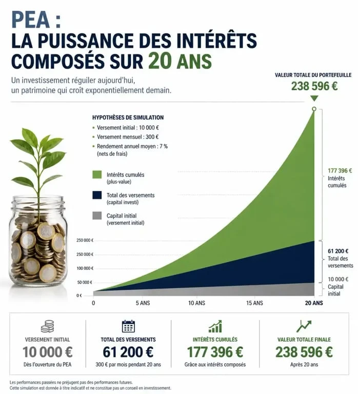 Graphique illustrant l'évolution du rendement d'un Plan d'Épargne en Actions (PEA) sur 20 ans