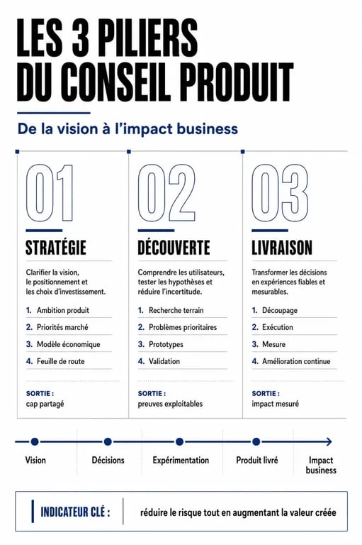 Infographie illustrant les piliers du conseil en product management : stratégie, discovery et delivery pour une meilleure performance business.