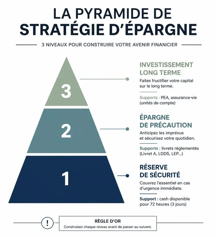 Infographie de la stratégie d'épargne en 2025 : cash, livrets et investissements