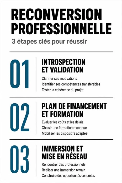 Infographie des 3 étapes clés pour réussir sa reconversion professionnelle