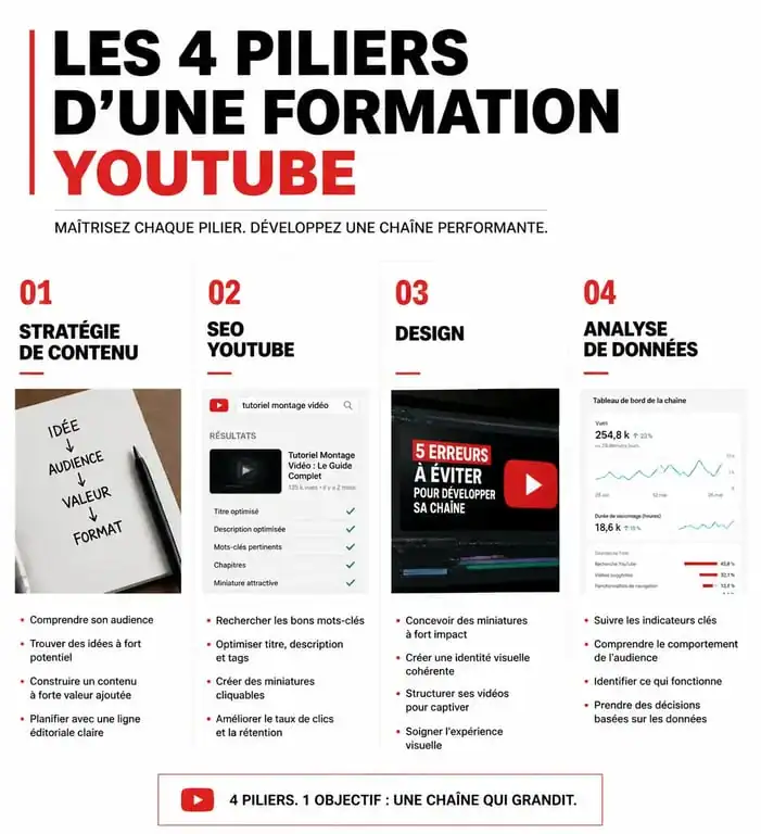 Infographie des piliers d'une formation sur YouTube