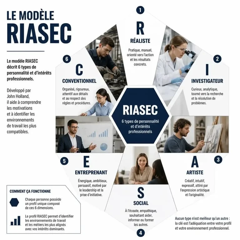 Infographie du modèle RIASEC pour aider à savoir quel métier est fait pour moi