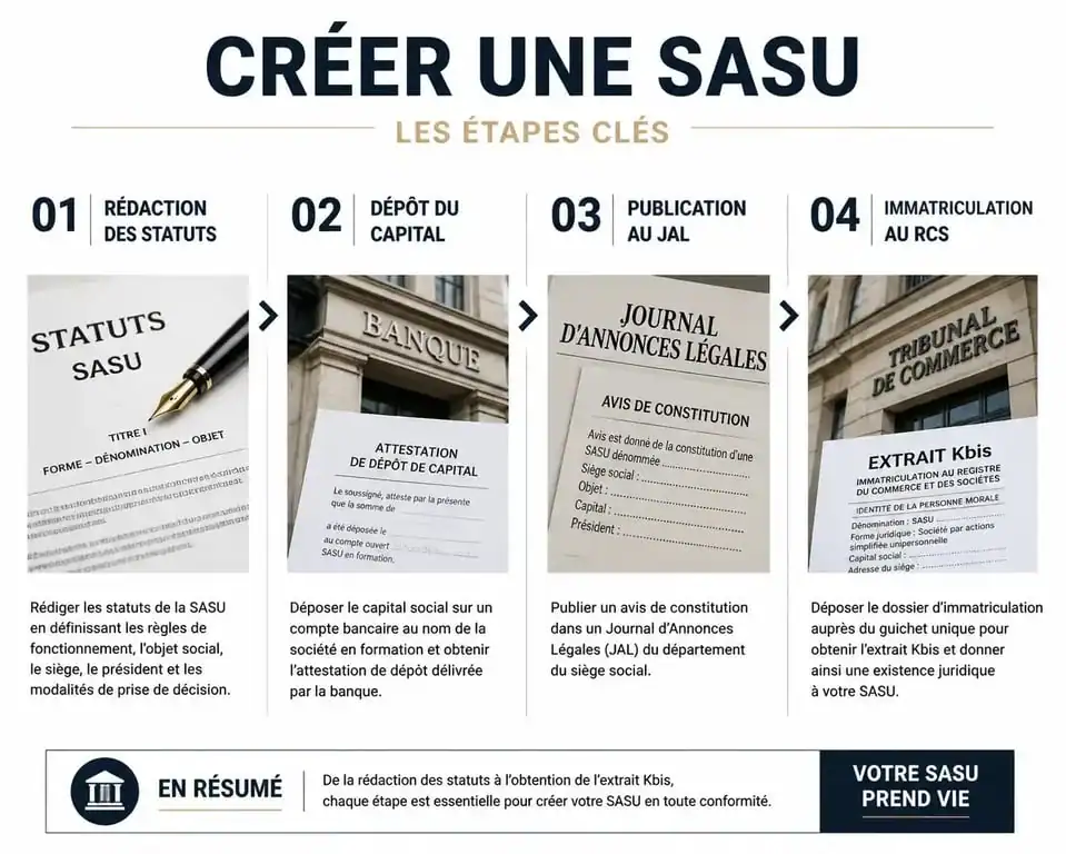 Infographie des étapes de création d'une SASU forme juridique
