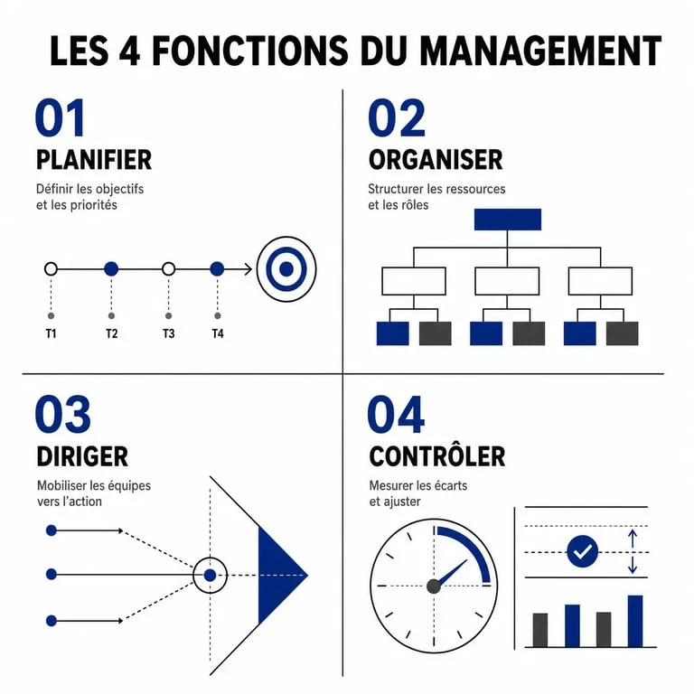 Infographie des 4 fonctions fondamentales du management : planifier, organiser, diriger et contrôler