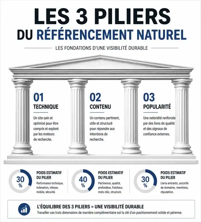 Infographie des trois piliers du référencement naturel SEO : technique, contenu et popularité