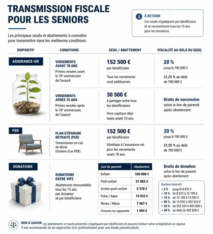 Infographie sur la fiscalité et la transmission du patrimoine pour les seniors, comparant les placements et les abattements fiscaux.