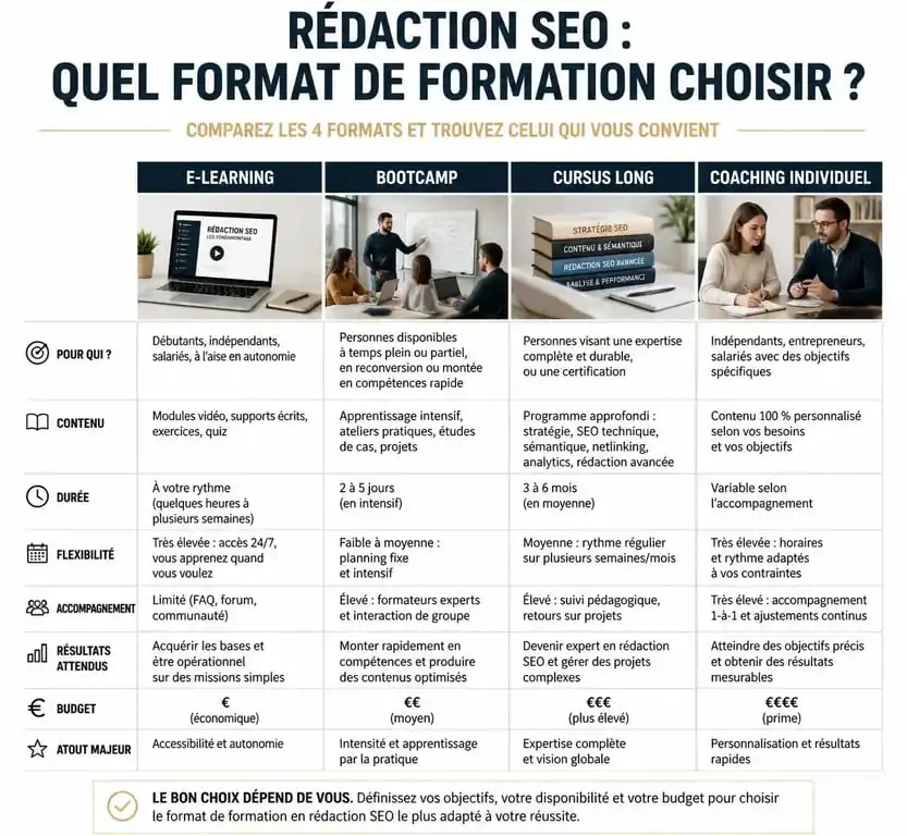Infographie comparative des formations en rédaction SEO : E-learning, Bootcamp, Cursus long et Coaching individuel.