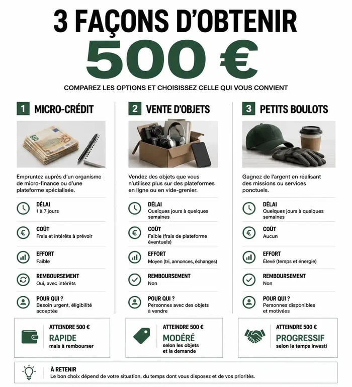 Infographie des méthodes pour gagner 500 euros rapidement : micro-crédit, vente et services.