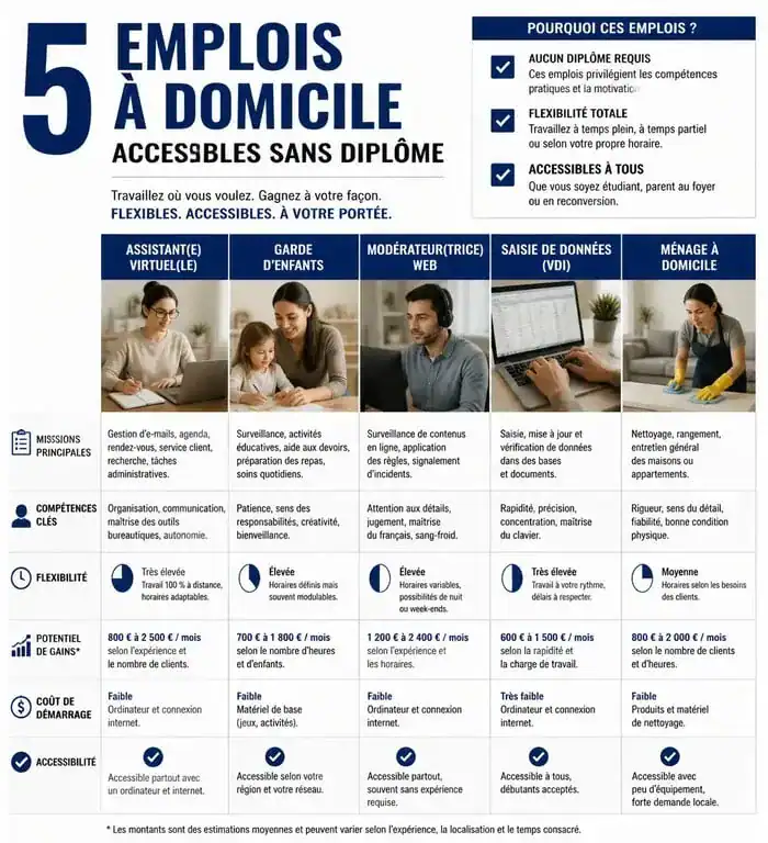 Infographie comparative des métiers à domicile sans diplôme pour se lancer rapidement