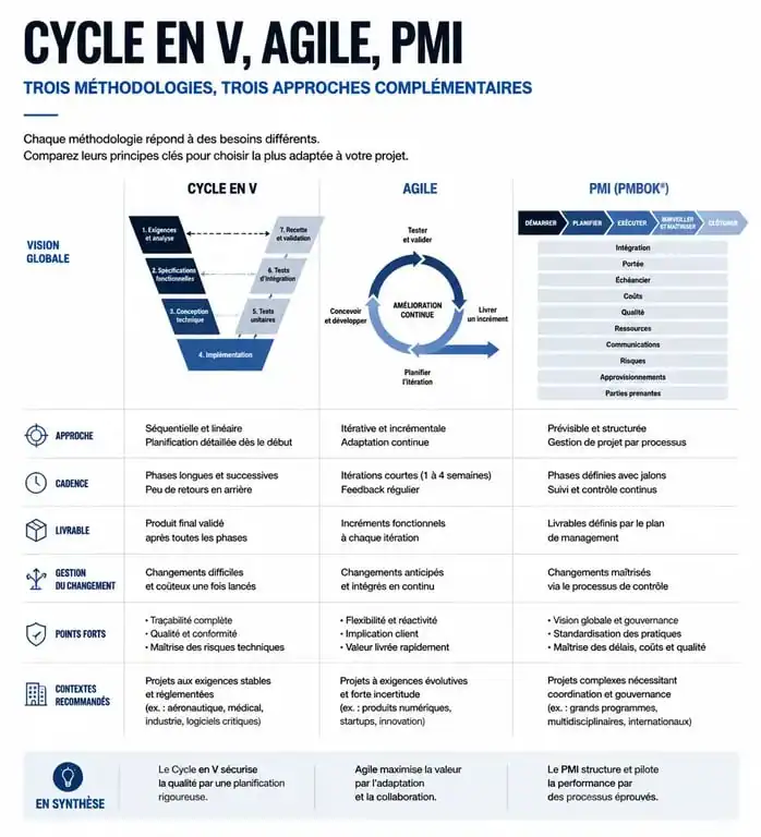 Infographie comparative des méthodologies de chefferie de projet : Cycle en V, Agile et PMI