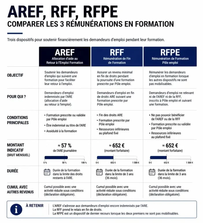 Infographie comparative des dispositifs de rémunération pour un chômeur en formation