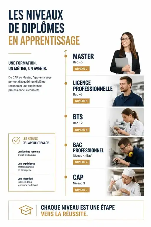Schéma des diplômes accessibles en apprentissage du CAP au Master