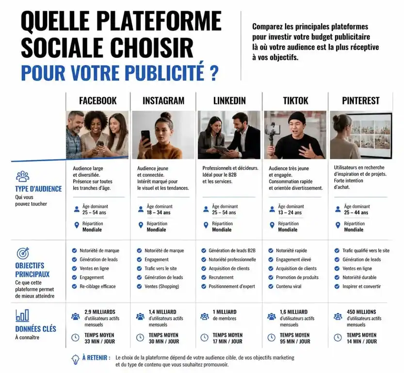Infographie comparative des plateformes pour une campagne social ads efficace