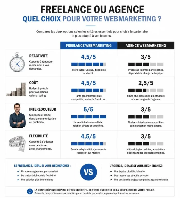 Infographie comparative : Webmarketing freelance vs Agence webmarketing pour les entreprises