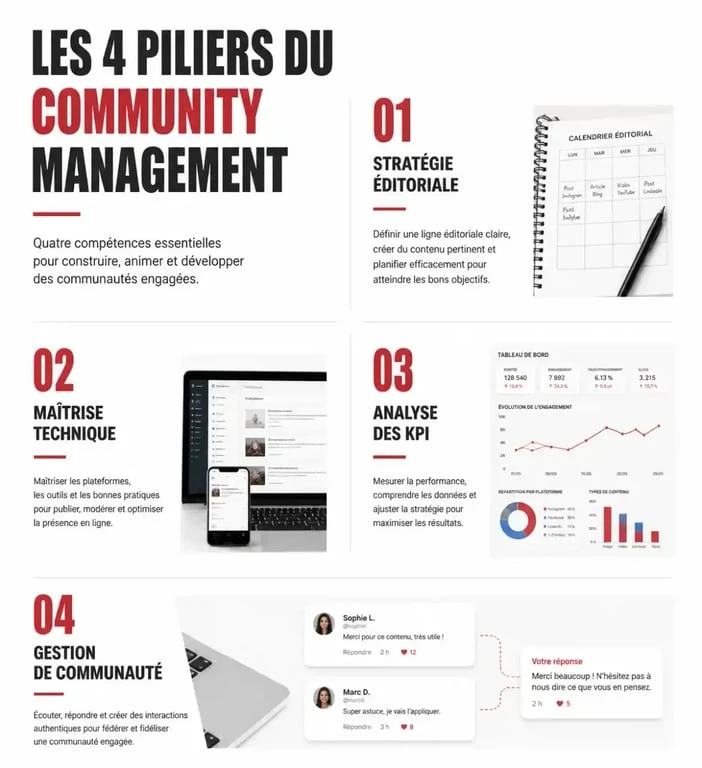 Infographie des compétences clés pour une formation community management