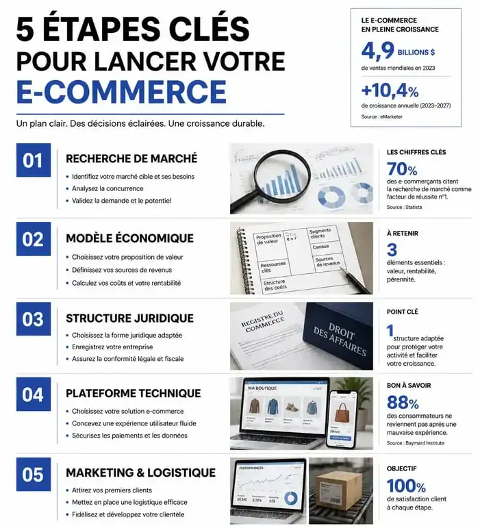 Infographie des étapes pour se lancer en e-commerce : étude de marché, choix du modèle, cadre légal, plateforme technique et logistique.