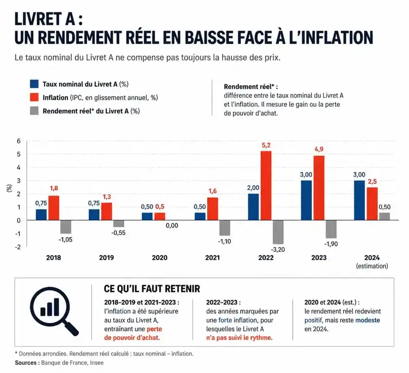 Graphique comparatif du rendement réel du Livret A face à l'inflation pour comprendre l'impact sur l'épargne.