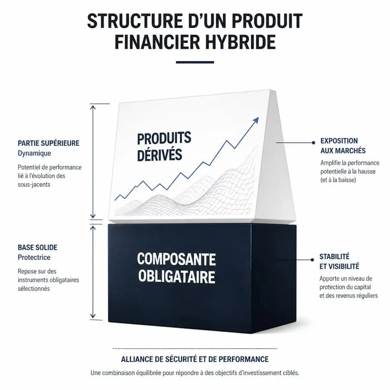 Schéma explicatif de la définition produits structurés : combinaison d'une composante obligataire et de produits dérivés.