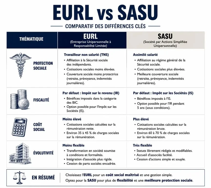 Infographie comparative des différences entre le statut EURL et le statut SASU pour les entrepreneurs