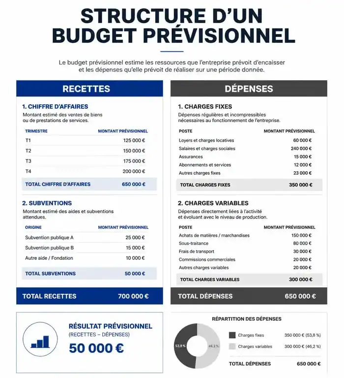 Exemple de structure d'un budget prévisionnel d'entreprise avec recettes et dépenses