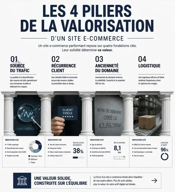 Infographie des critères de valorisation pour la vente d'un site e-commerce