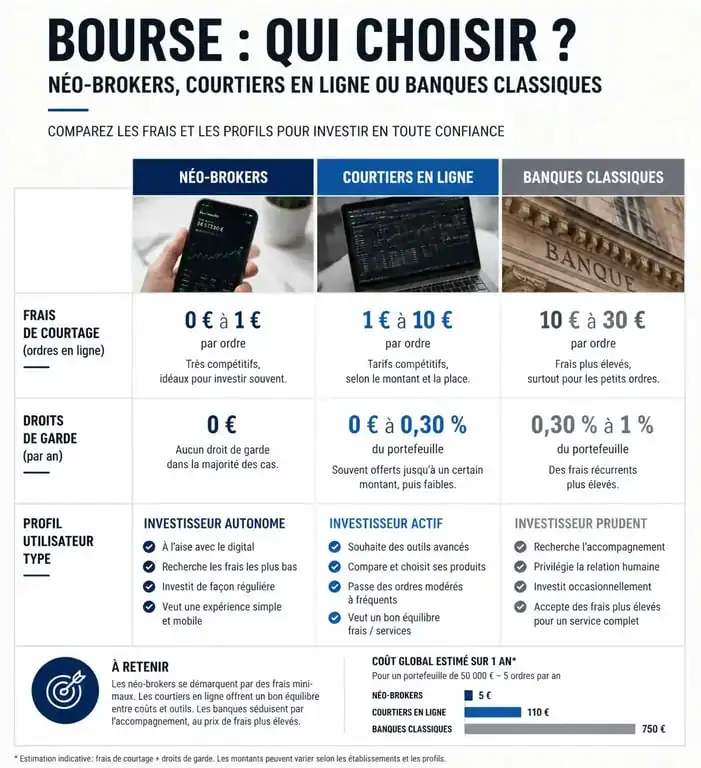 Comparatif des types d'applications bourse : néo-brokers, courtiers en ligne et banques classiques pour choisir la meilleure application bourse.