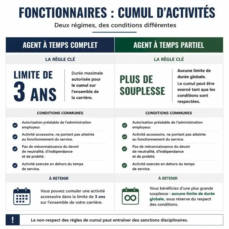 Infographie comparative des conditions de cumul entre le statut de fonctionnaire et auto-entrepreneur