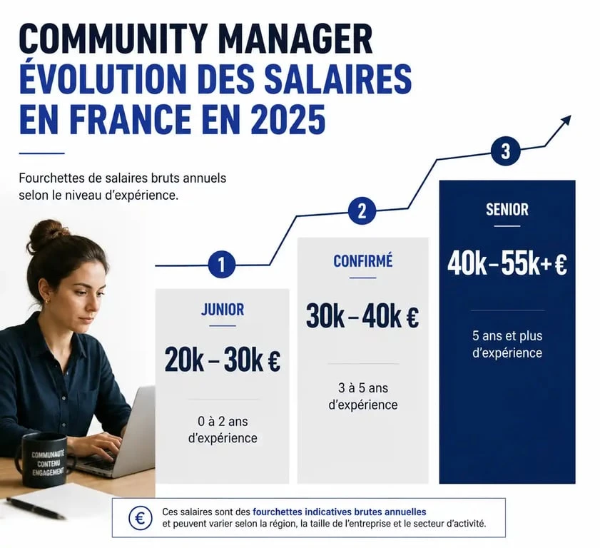 Infographie du salaire moyen d'un community manager en 2025 selon l'expérience