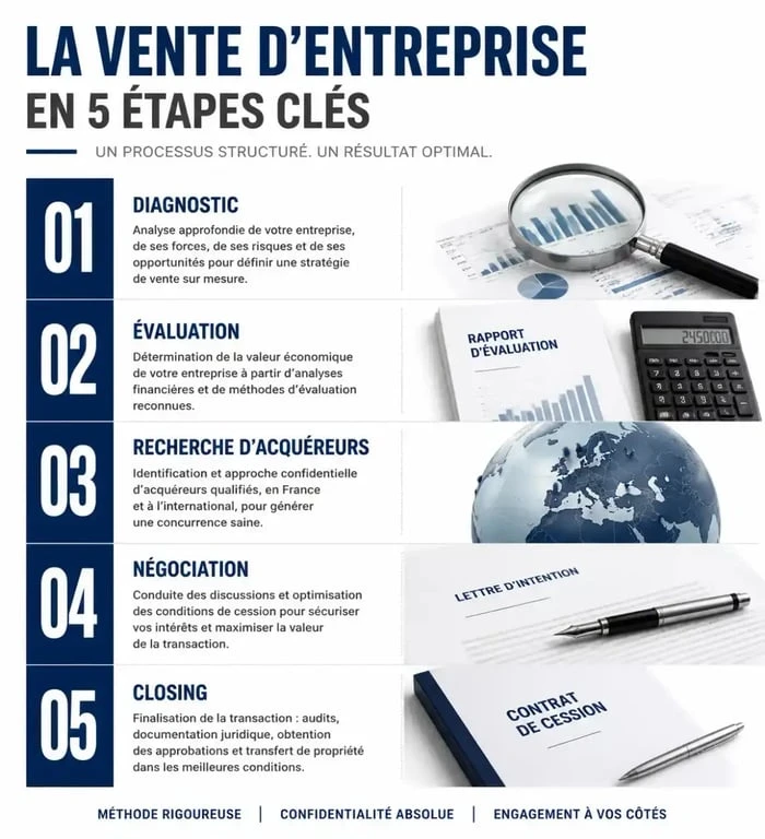Infographie des étapes clés pour vendre son entreprise et réussir sa cession