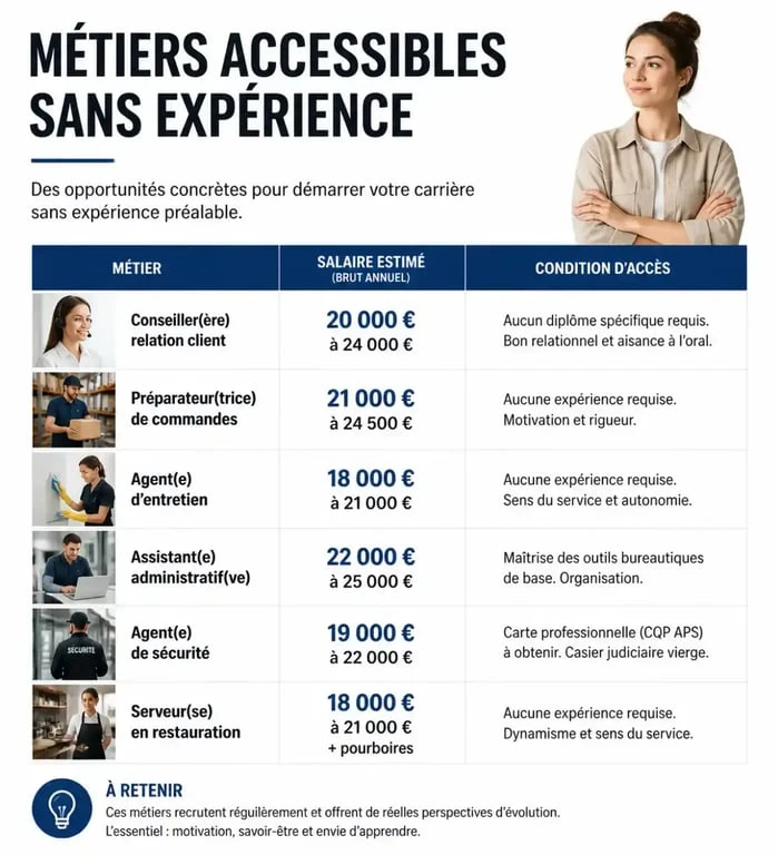 Tableau comparatif des métiers accessibles sans expérience et bien payés